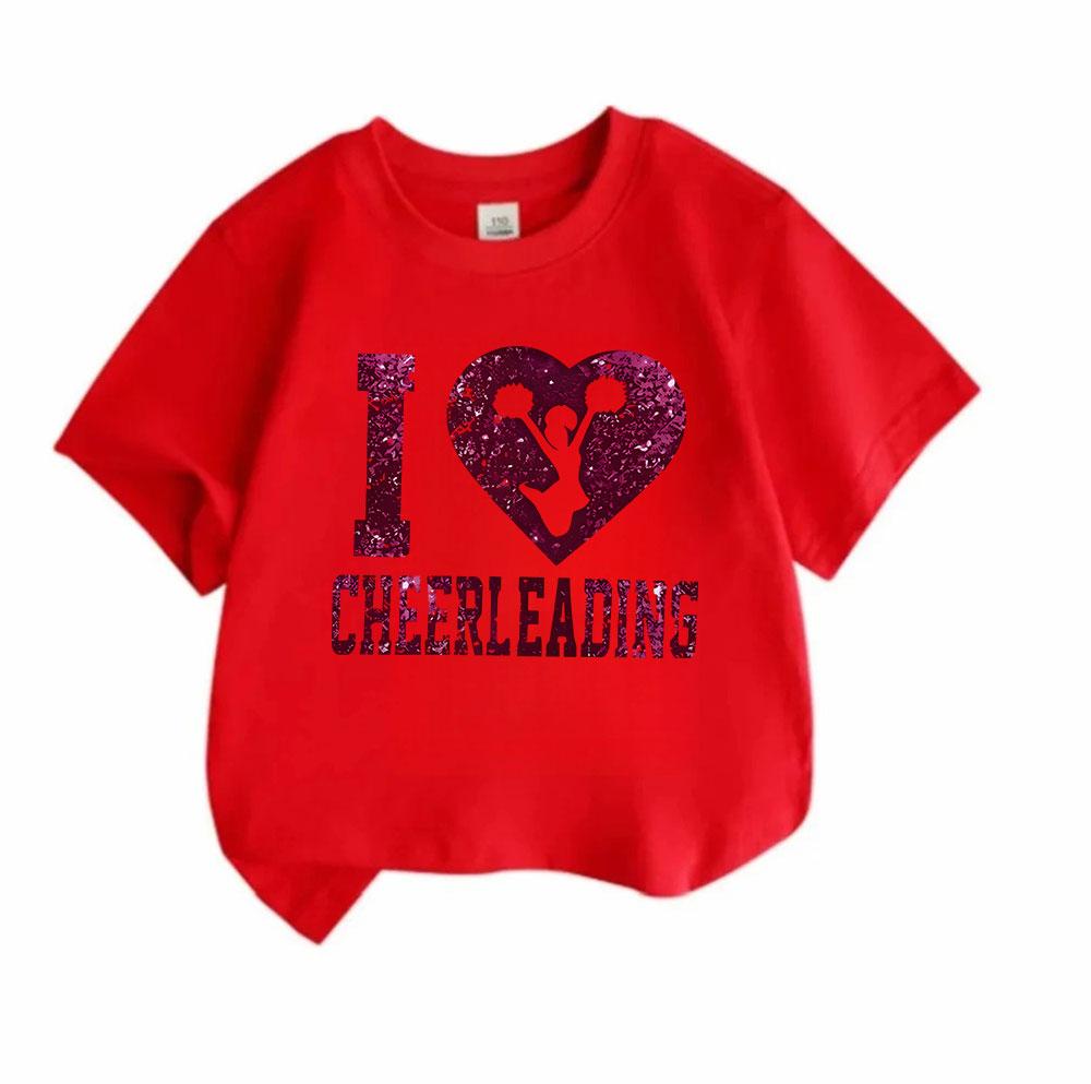 Kids Boys Girls 100% Cotton Crew Neck Short Sleeve T-Shirt, I Love Cheerleading Glitter Print Casual Tees for Cheer Sports Lovers Daily Wear