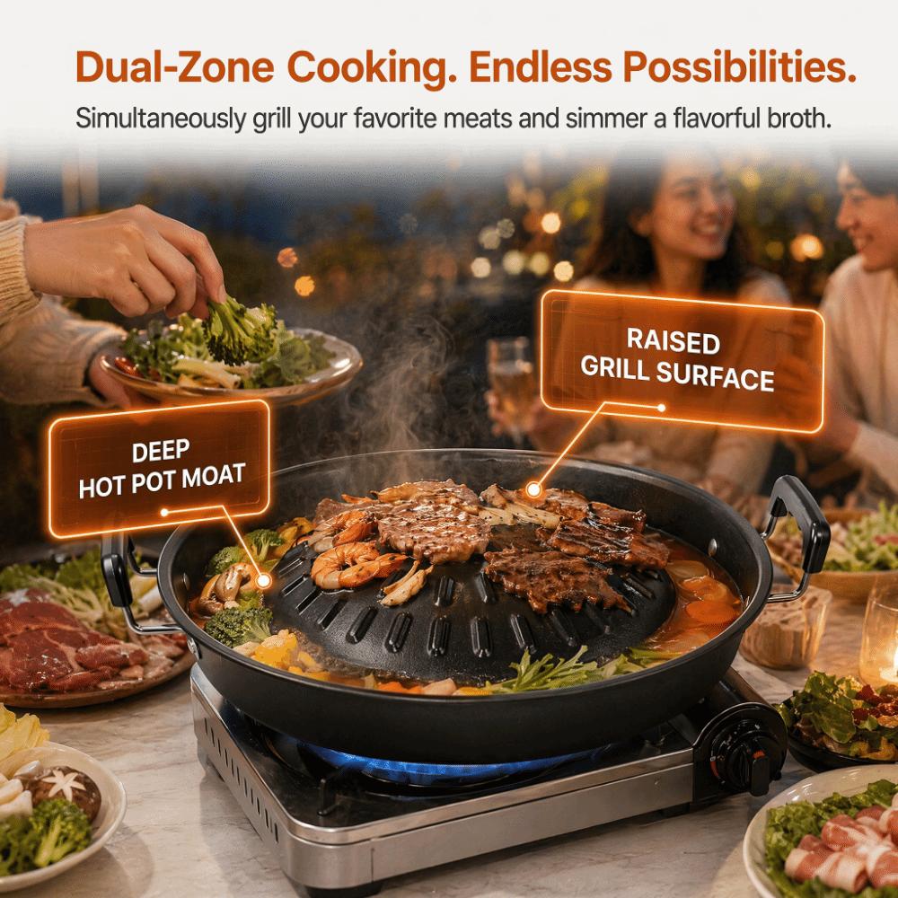 Black Hot Pot Grill Pan Iron Grill Pan with Side Portable Round Thai Style BBQ Outdoor BBQ