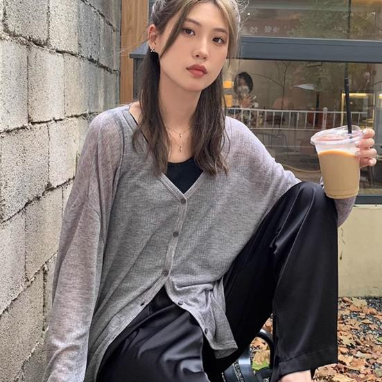 Spring Autumn Cardigan Coat V-neck Long Sleeve Single Breasted Coat Solid Color Loose Fit Thin Jacket Daily Wear