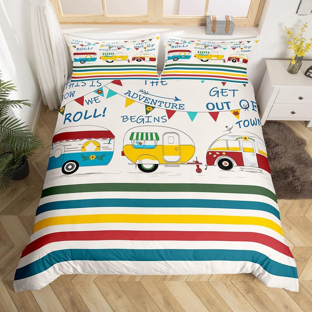 Camping Duvet Cover Lodge Cabin Camp Travel Car Bedding Set,Happy Glamping Trailer Comforter Cover Queen,Vintage Farmhouse Decor