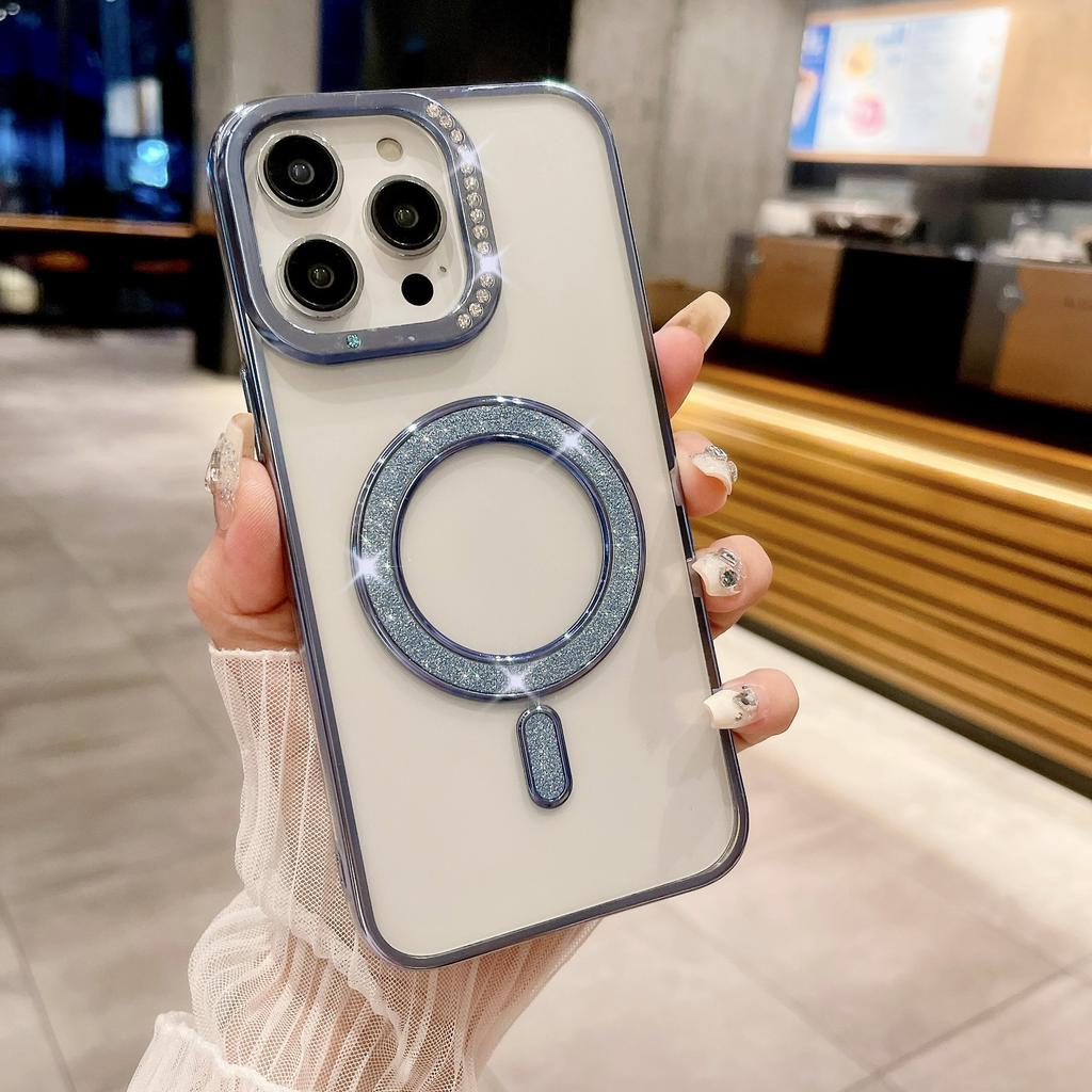 Подходит для IPhone16Pro Гальванизированный Водяной Бриллиант Чехол для Телефона, Apple 15 Инкрустированный Бриллиантами Блестящий 14 Магнитная Зарядка Защитный Чехол