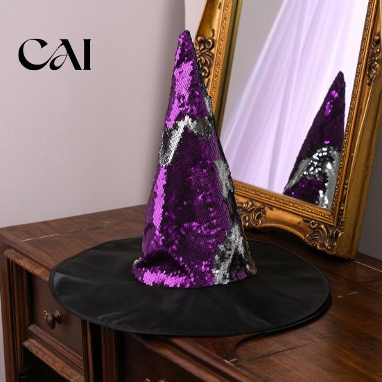 Unique Costume Witch Hat Reversible Sequin Hat, Sparkly Glitter Large Wizard Glittering Party Prop Halloween for Cosplay, Masquerade Three Dimensional