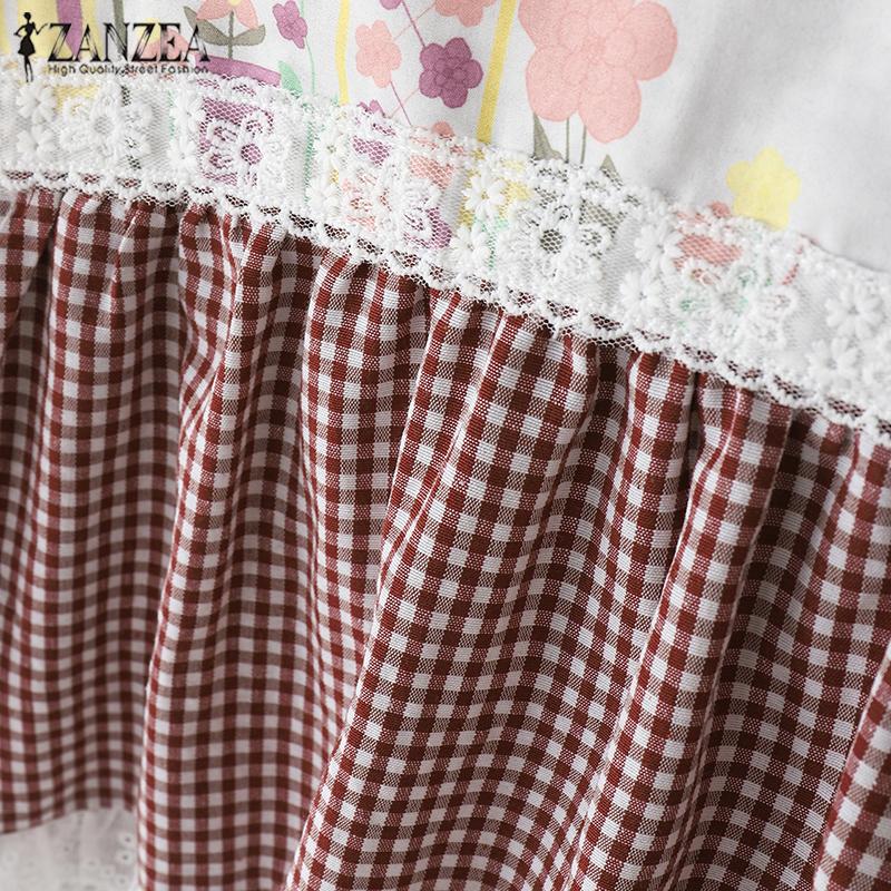 ZANZEA Женская повседневная блузка с длинным рукавом в стиле пэчворк и воротником-куклой в клетку