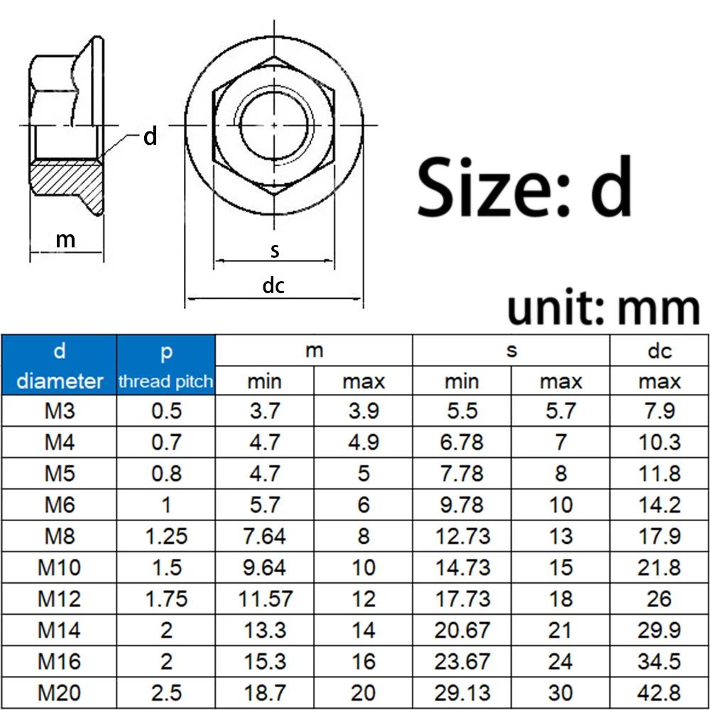 2-50pcs Carbon steel Serrated Flange Lock Nuts Hex Locking Anti-Loose Nut with Washer M2-M16