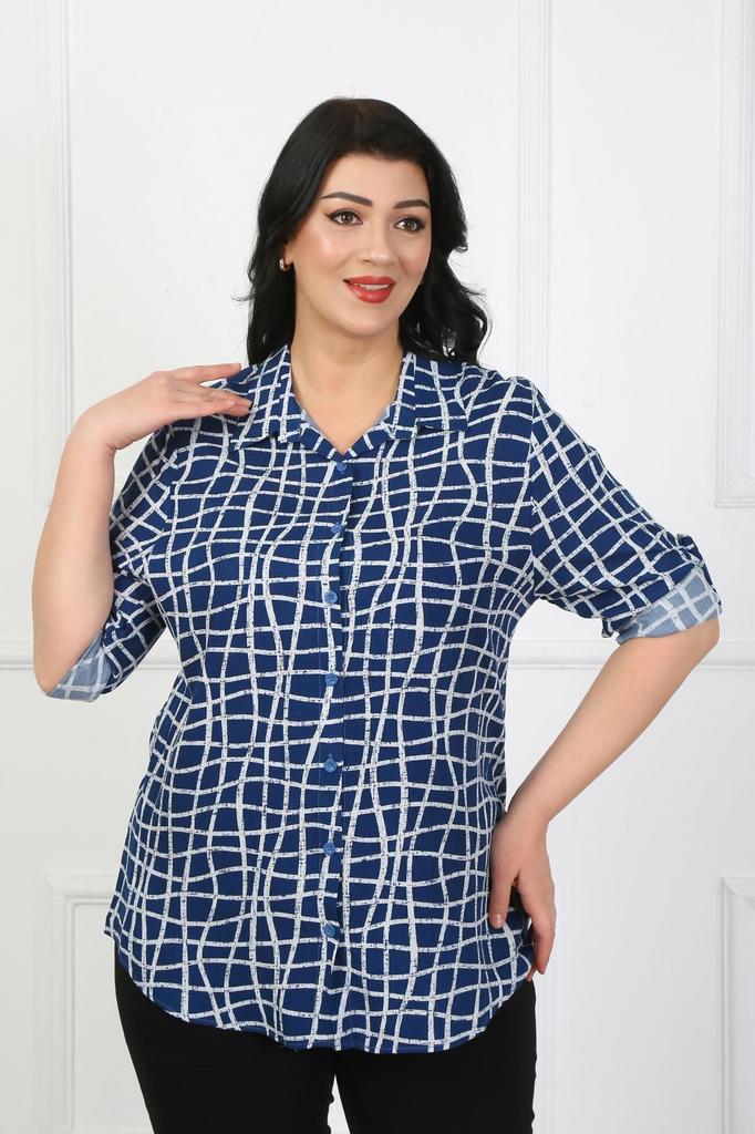 Women's Style Plus Size Shirt Indigo Striped Cotton Viscose Big Size Shirt