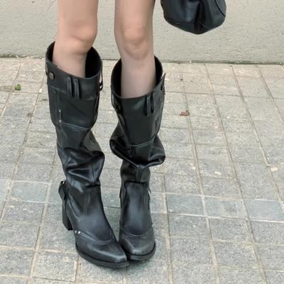 Новый нишевый дизайн, заостренные ботфорты с широким голенищем на высоком каблуке, ретро ковбойские сапоги в западном стиле, ботинки на толстом каблуке