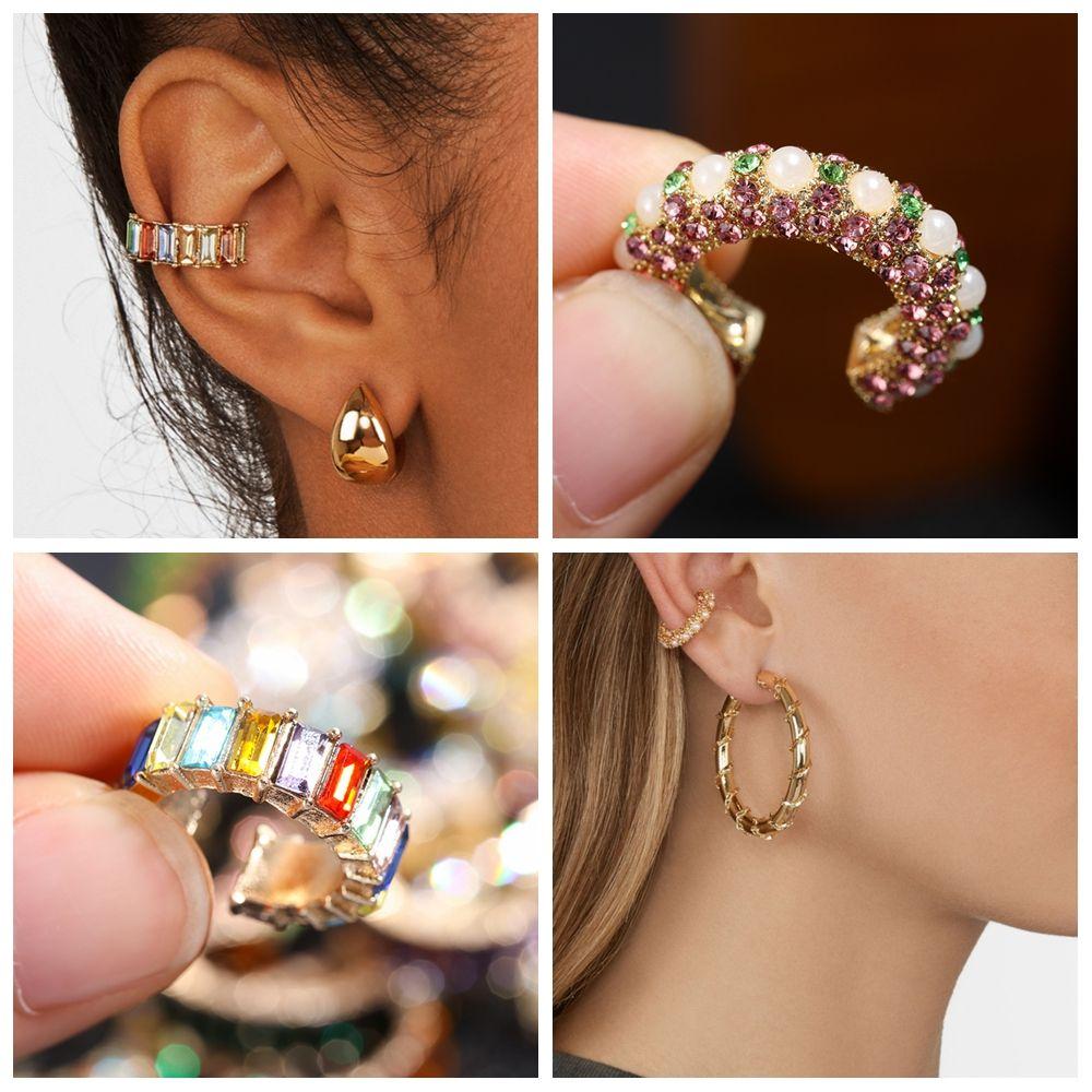 Rhinestone Dangle No Piercing Earrings CZ Cuff Earrings Statement C-shaped Cubic Zirconia Ear Cuff