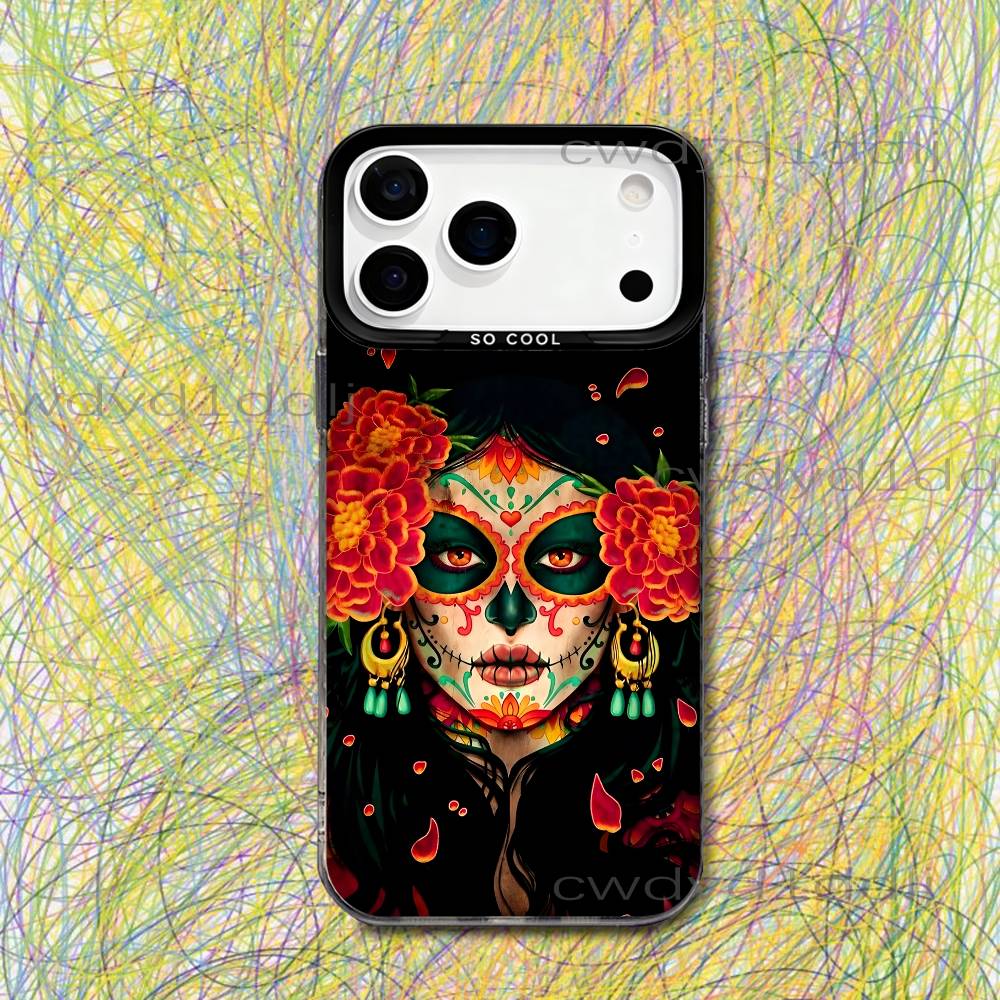 Mexican Catrina Skull Girls For iPhone 17,16,15,14,13,12,X,8,Pro,Max,Plus,SE4,Air,Mini Black IMD Matte Case