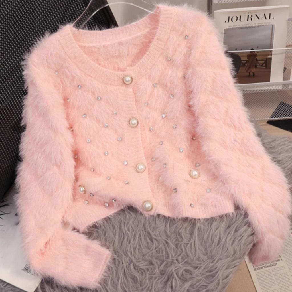Autumn and Winter Women's Bead Imitation Mink Sweater Women Knitted Cardigan Long Sleeve Short Loose Knitwear Female Tops