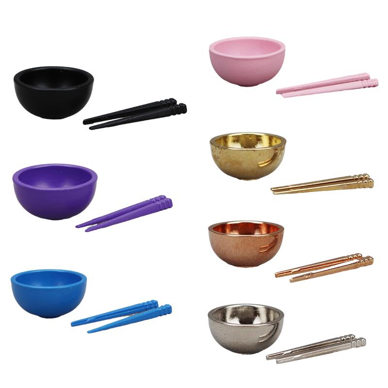 1Set Dollhouse Miniature Accessories Mini Metal Bowl Chopsticks Set Simulation Kitchen Tableware Model Toys