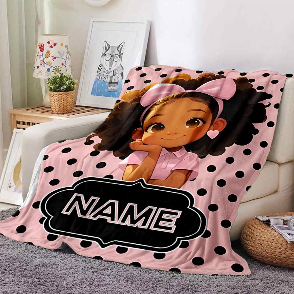 Happy Girl Bow Multi-purpose Customizable Blanket Personalized Text Durable Comfort Versatile for Sofa Couch Office Bed Picnics
