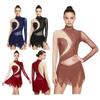 Women‘s Sparkly Rhinestone Leotard Dress Sheer Mesh Long Sleeve Mock Neck Color Blocking Asymmetrical Hem for Figure Skating Latin Performance