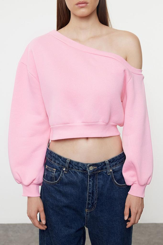 Women's Fashionable Stylish Sweatshirt Black Regular Fit Thick Inside Fleece Crop Asymmetrical Collar Knitted Sweatshirt