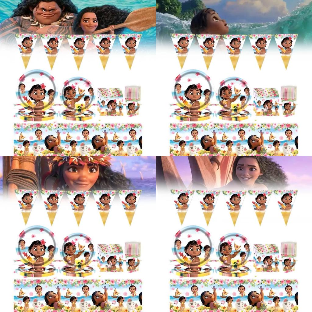Набор детской праздничной посуды Disney Moana 82 предмета с тарелками, чашками, столовыми приборами, принадлежности для дня рождения