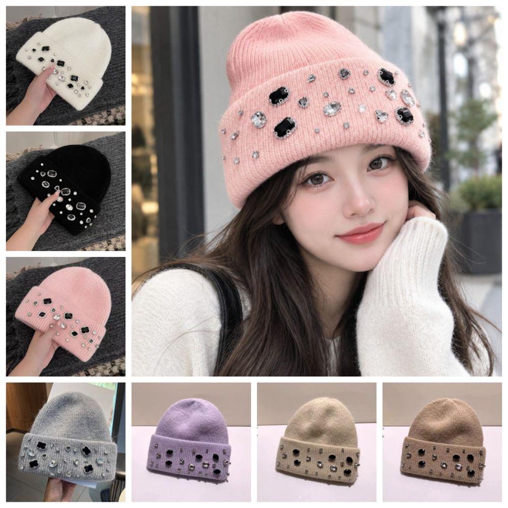 Solid Color Rhinestone Knitted Hat Versatile Windproof Cap Cute Warm Beanie Outdoor