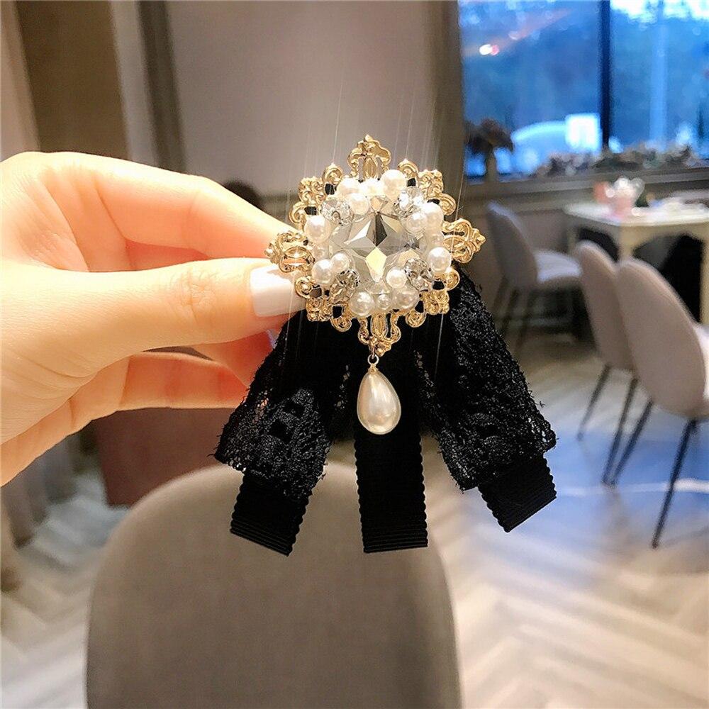 Кружевной бант, брошь со стразами, имитация жемчуга, корсаж, винтажный сладкий женский воротник, булавка для лацкана, декор для одежды