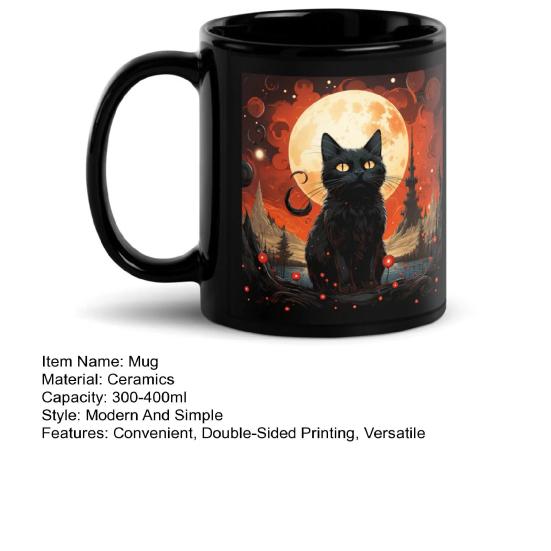 Personalized Black Cat Mug Ceramic Coffee Mug Double-Sided Printing Tea Cup Halloween Novelty Drinkware for Cat Lovers