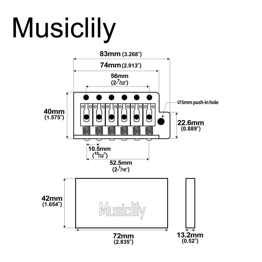 Musiclily Ultra Tremolo Unit Bridge with Modern Brass 42mm Brass and Insertable Tremolo Arm for American Vintage Strat Electric Chrome 10.5mm 6-Point