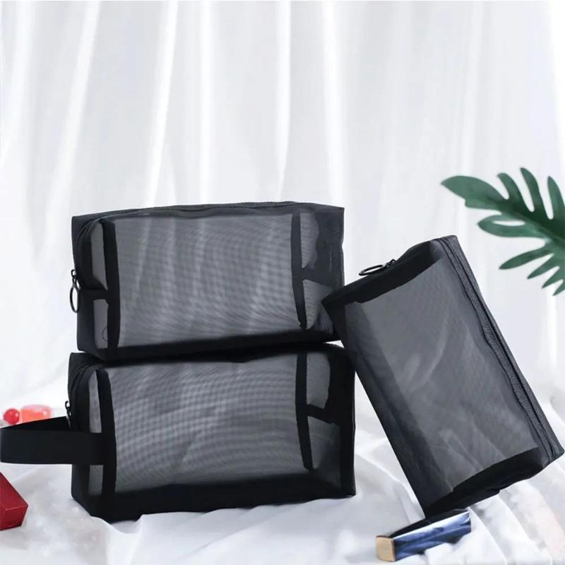 Women Wash Toiletry Bag Makeup Organizer Portable Storage Pouch Travel Black Nylon Mesh Makeup Bag Mesh Cosmetic Bag Zipper Makeup Bag For