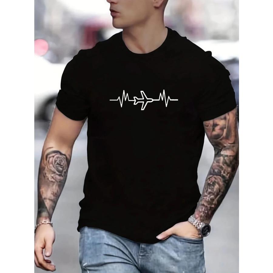 Men's 100% Cotton Summer Loose Size Creative Aircraft Graphic Print Casual Fit Round Neck Short Sleeve T-shirt Top