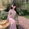 Французский holiday style розовый кружевной пэчворк цветочный топ на плечо женская летняя узкая юбка-карандаш длинная юбка комплект из двух предметов