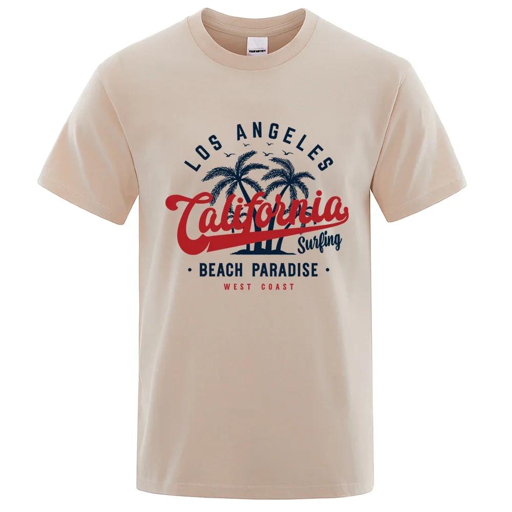 Camiseta de algodão gola redonda masculina, tops de verão, roupas respiráveis, Los Angeles California Beach Paradise Fashion