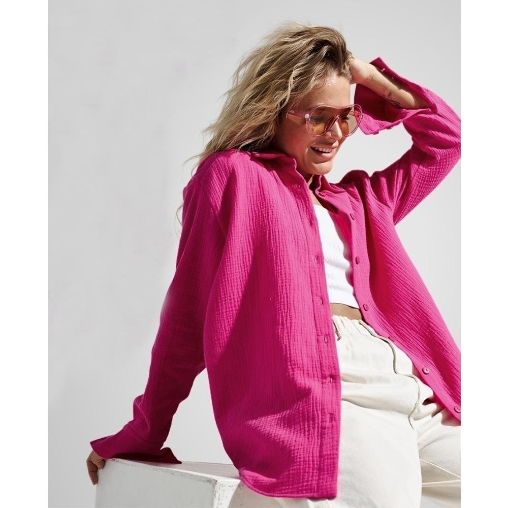 Женские Весенние Летние Рубашки 100% Хлопок Офисная Леди Модные Однотонные Женские Топы с Длинным Рукавом Свободного Кроя Креповые Рубашки