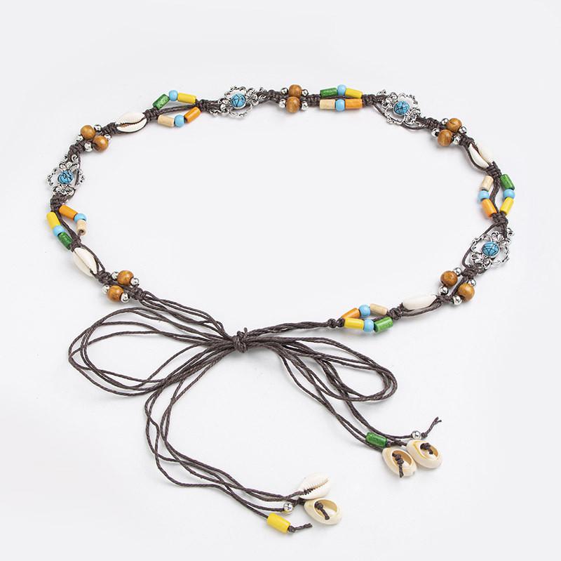 Bohemian Waist Cord With Embellished Shells And Wooden Beads For Beach And Vacation Accessories