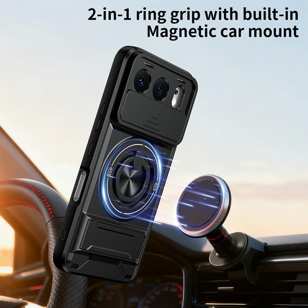 For Honor 500 5G Magnetic Case Ring Holder Foldable Kickstand TPU PC Phone Cover with Camera Lens Slider