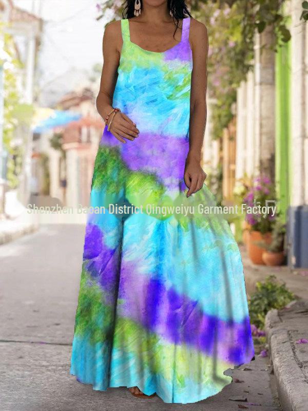 Платье без бретелек с принтом тай-дай 3D в стиле бохо с открытыми плечами 2025 года