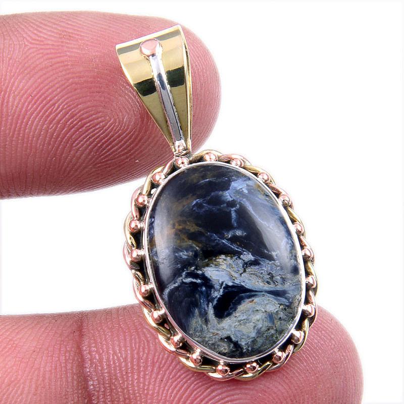 Natural Pietersite Gemstone 925 Solid Sterling Silver TwoTone Pendant 1.50" v9K59