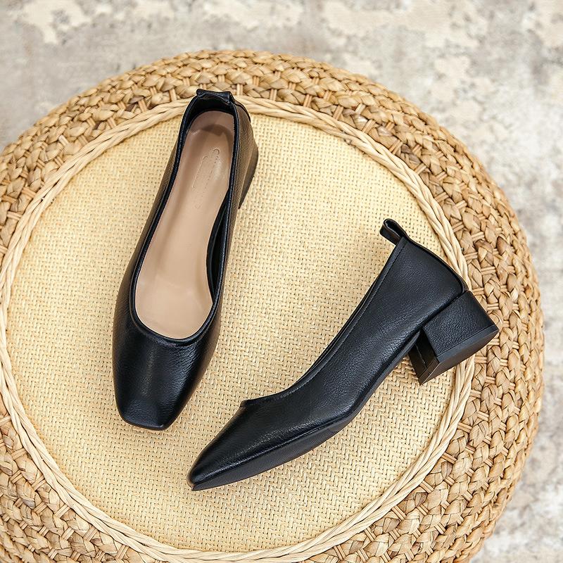 Fashion Woman Spring Elegant Square Toe Shallow Mouth Walk Mary Janes Leisure Female Black Designer 4CM High Heel Girl Work Shoes