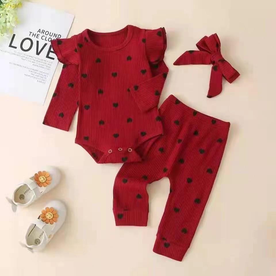 2023 Autumn/Winter Heart Print Romper for Baby Girls – Multicolor, Long Sleeve, Bowknot Accent
