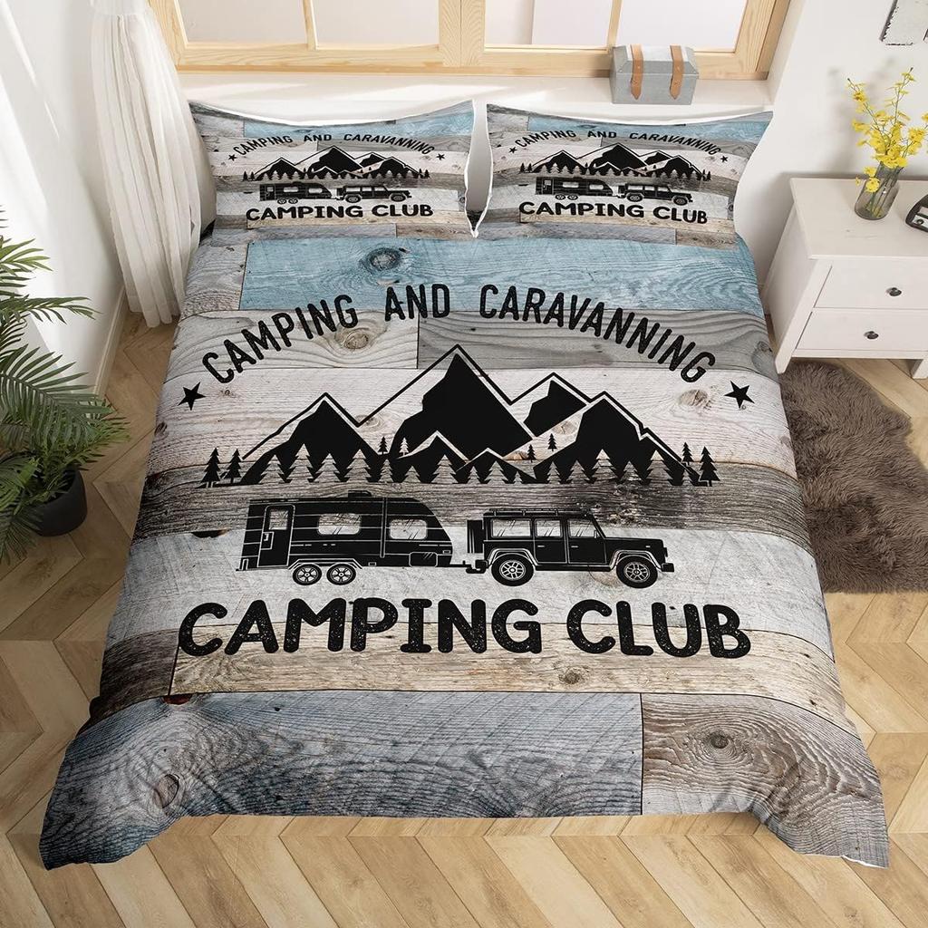 Comforter Happy Camping Queen Full Twin King Camper Theme Comforter With 2 Rustic Farmhouse Style Bedding Set