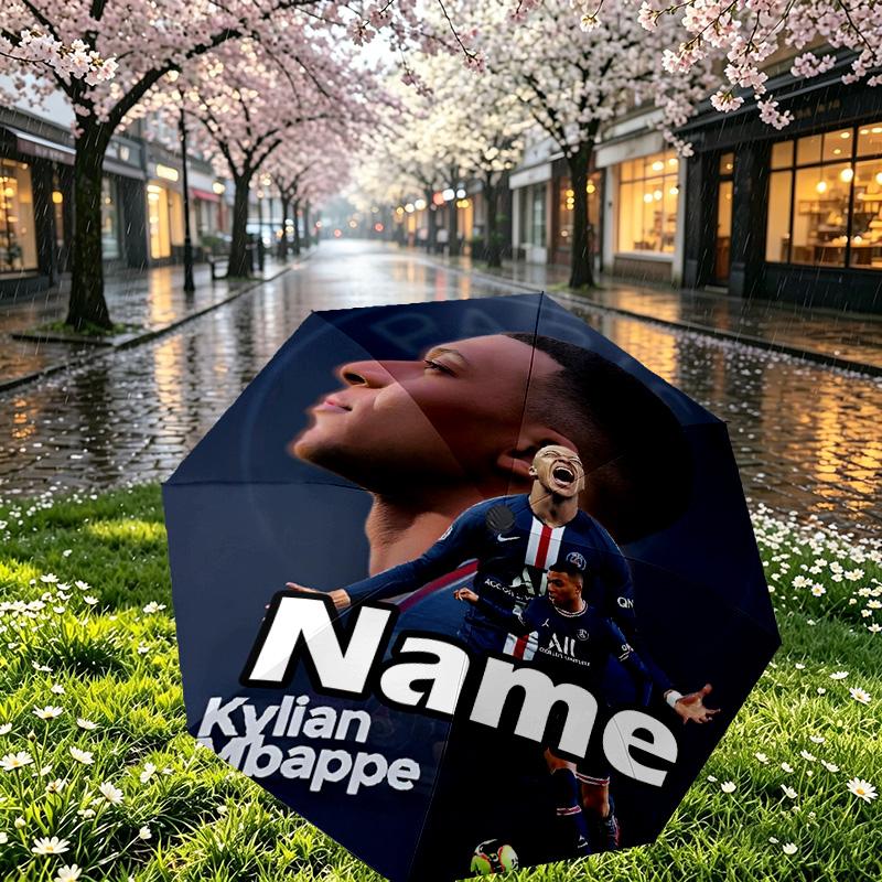 Custom Name Personalized Kylian Mbappe Print Umbrella, Auto Open Close, 8‑Rib Sturdy Frame, Commute Camping Hiking Use, Birthday Gift