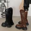 Длинные сапоги для женщин с толстой подошвой и V-образным вырезом в стиле ретро, черные, коричневые, с пряжкой на ремне и круглым носком, высокие сапоги до колена, увеличивающие рост, рыцарские боты