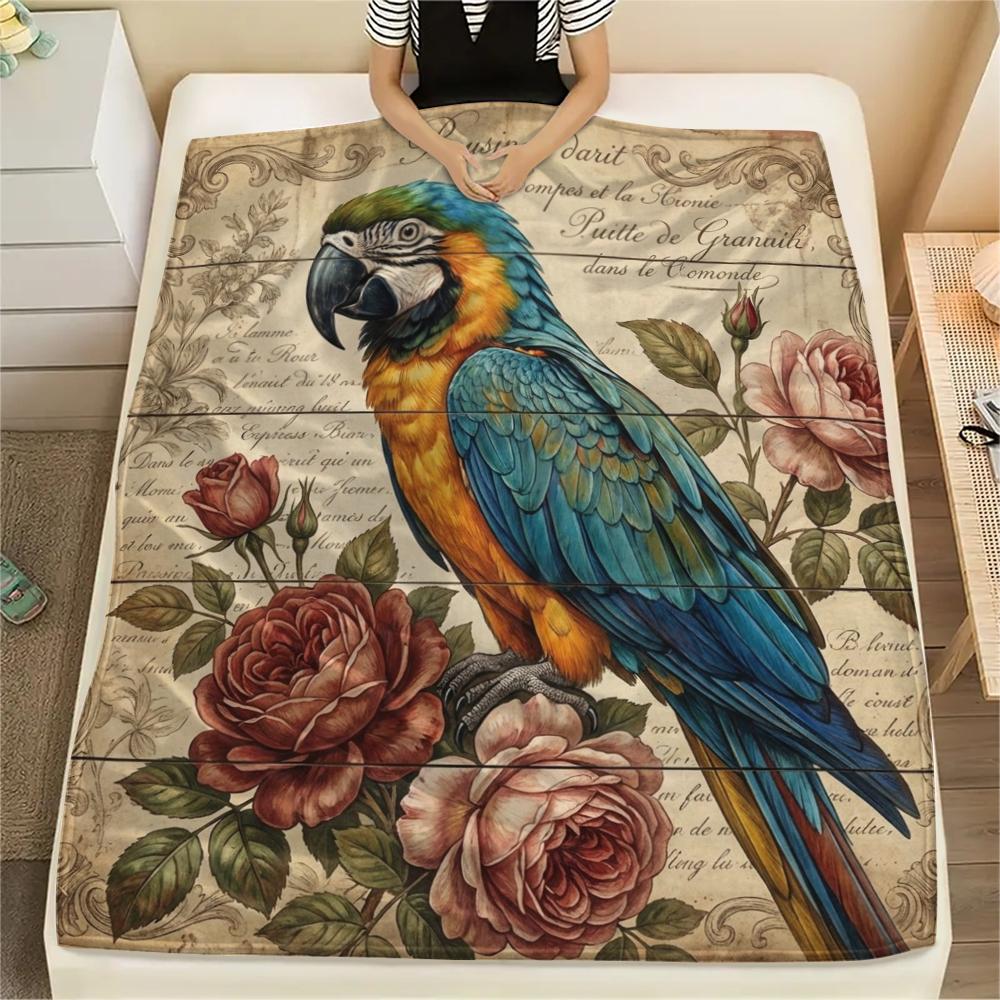 1PC Retro Parrot Peacock Print Flannel Blanket, High quality All Seasons, Home Decor, Warmth and Comfort, Perfect for Christmas Gifts