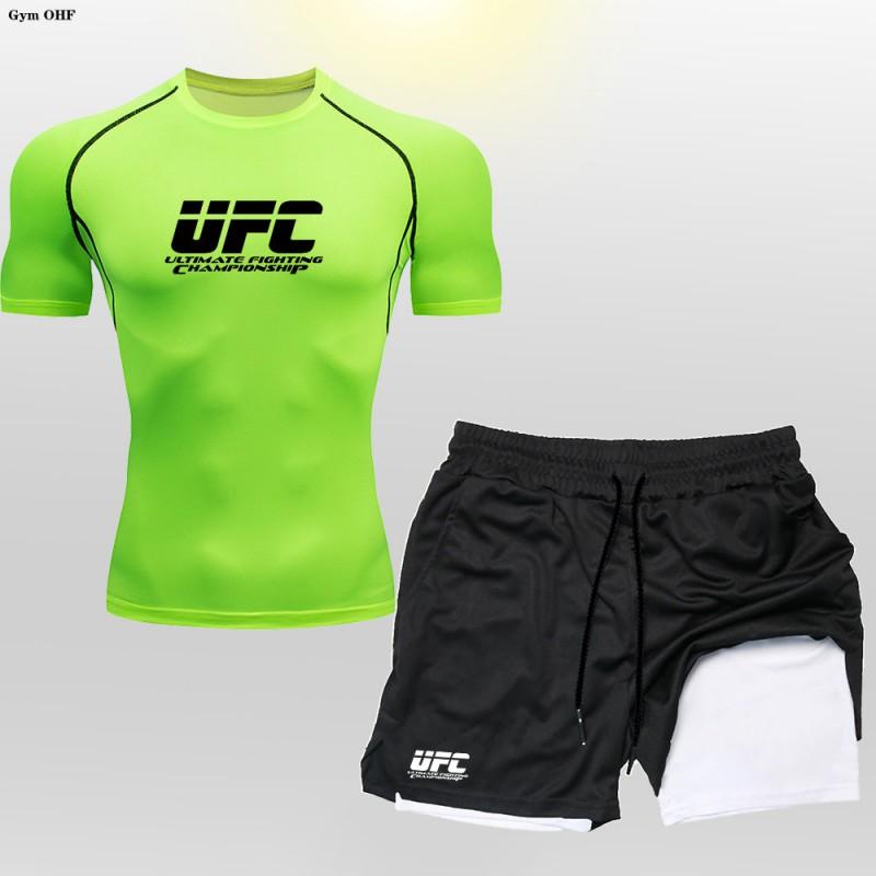 Mens 2-Piece Boxing Training Set - Quick-Dry T-Shirt Double-Layer Shorts MMA Kickboxing Gym Workouts