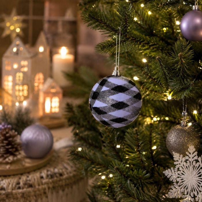 Boule de décoration de sapin de Noël - EDEN - 14cm - blanc/argenté/noir - pailletée - motif graphique
