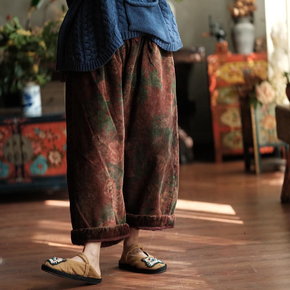 Johnature Женские зимние теплые широкие брюки с цветочным принтом и эластичной резинкой на талии плюс хлопковые брюки винтажные женские длинные брюки