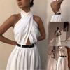 Новый женский модный белый комбинезон с лямкой на шее, широкие брюки, сексуальный комбинезон без рукавов с лямкой на шее, брюки