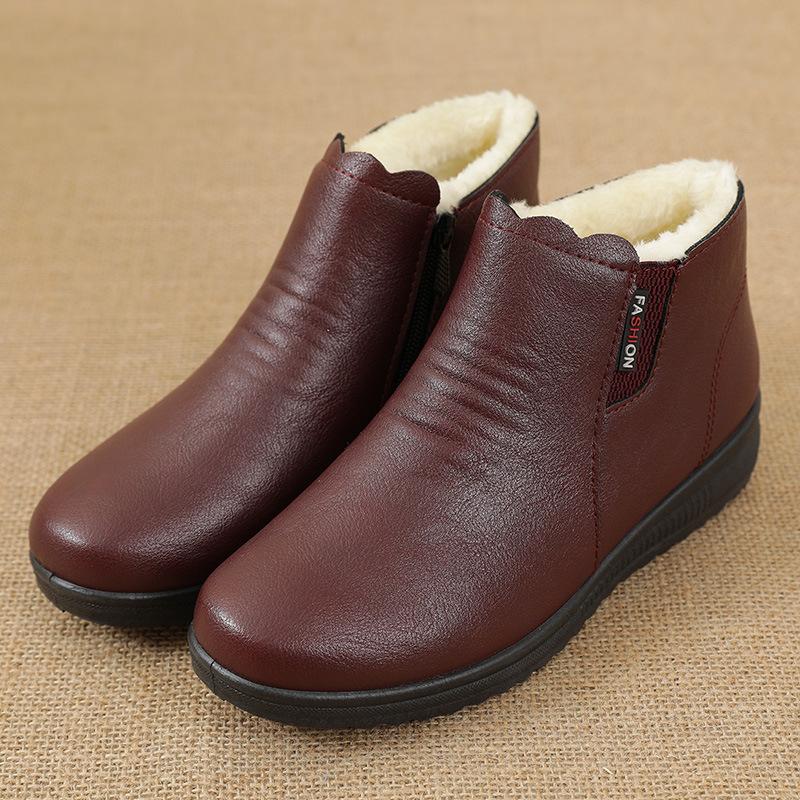 Winter New Mom Cotton Shoes Middle-aged Flat Bottom Non-slip Snow Boots Middle-aged Padded Warm Boots Elderly Leather Shoes