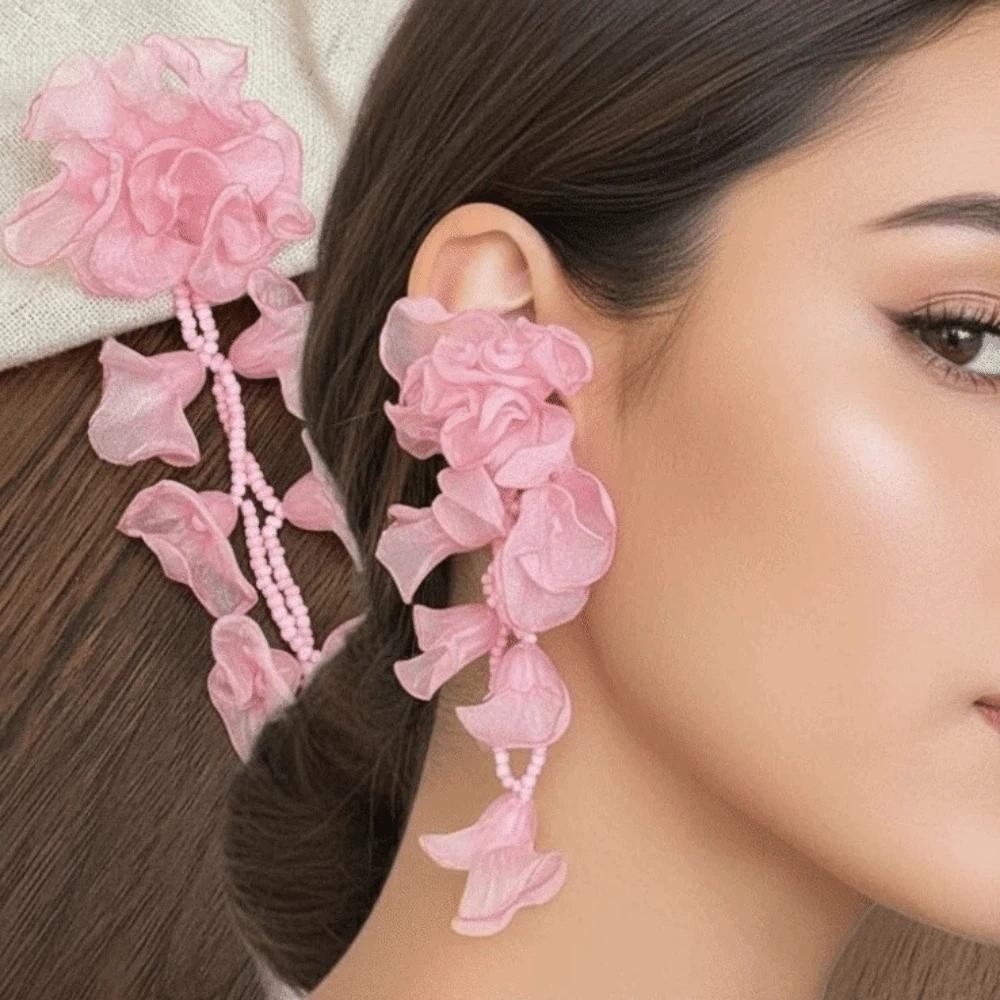 1 pair Bohemian Style Vacation Flower Eardrops with Beads Tassel Women Seaside Earrings Bride