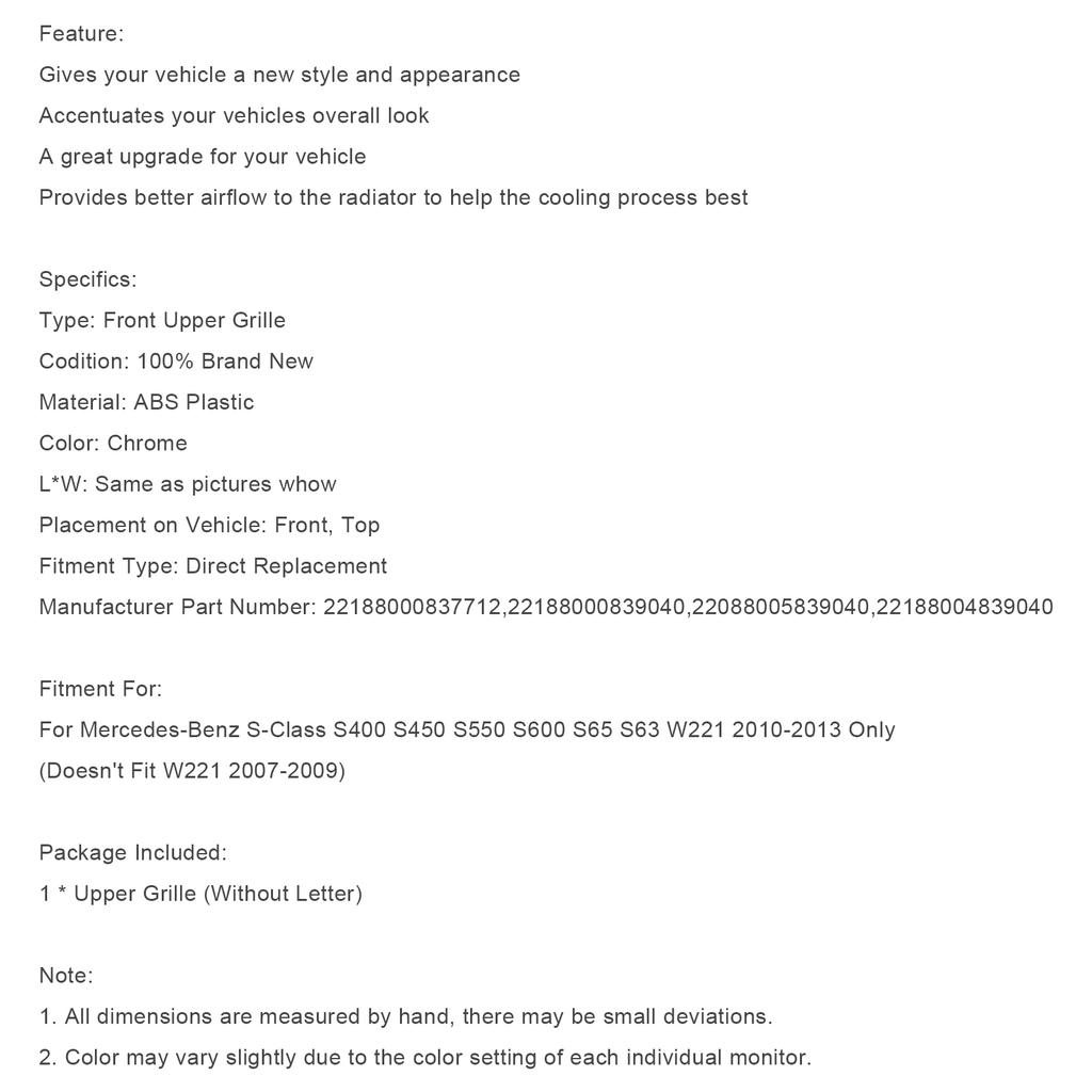 Передняя решетка радиатора подходит для Mercedes Benz S-Class W221 S550 S600 S63 S65 2010-2013