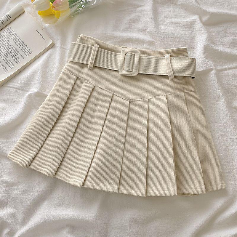 Women's Corduroy Pleated A-Line Skirt – High Waist, Slim Fit, College Style for Spring, Autumn, and Winter 2024