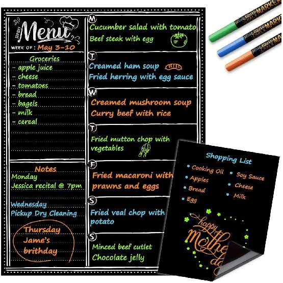 Magnetic Chalkboard Monthly Calendar with neon Bright Liquid Chalk Markers – Black Refrigerator Monthly Planning Board w/Bonus - Grocery List and
