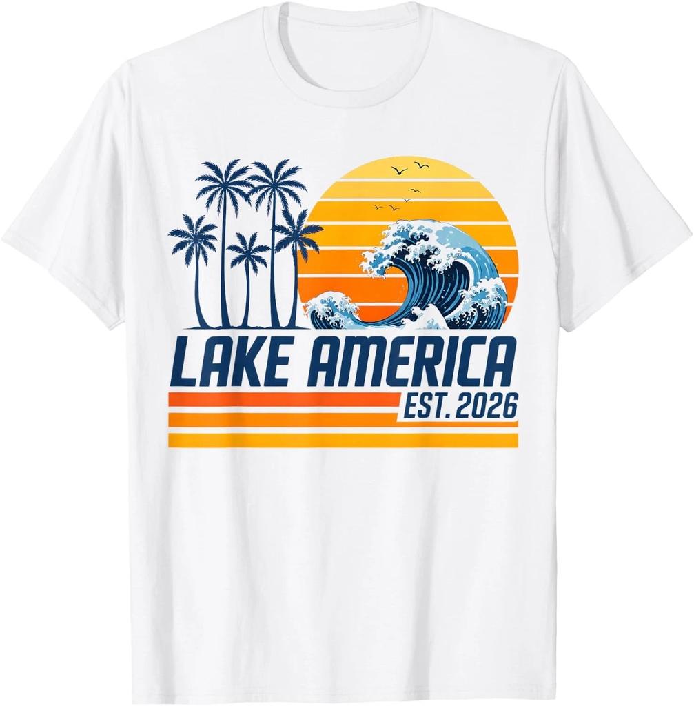 Retro Sunset Wave Palm Lake America EST 2026 Graphic T‑Shirt SIZE S‑5XL