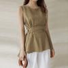 Summer O Neck Sleeveless Shirts With Belt Elegant Cotton Linen Blouse Women Casual Tops Fashion Solid Loose Clothes Blusas 27938