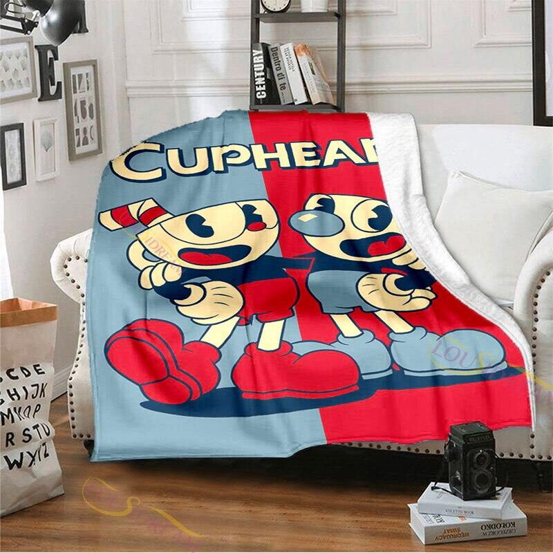 Фланелевое одеяло с узором Cuphead и Mugman для игровой комнаты, уютное одеяло для кровати, легкое мягкое одеяло, одеяло для дивана на все времена года