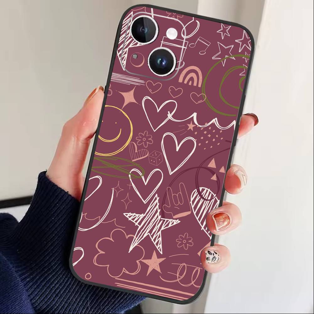 Y2k INS Чехол для телефона с граффити для iPhone17,16,15,14,13,12 Plus,Max Мягкий силиконовый черный чехол